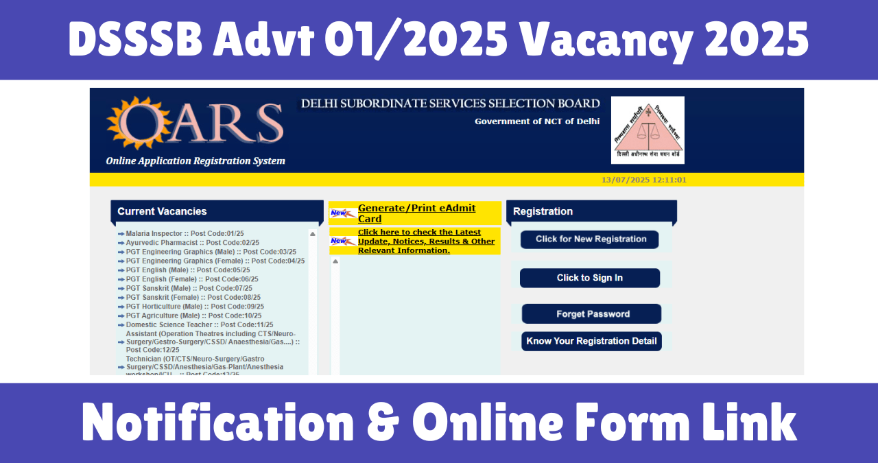 DSSSB Advt 01/2025 Vacancy 2025